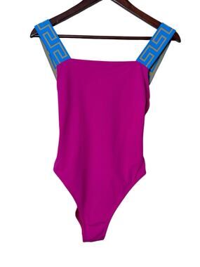 Versace Greca Strap One-Piece Swimsuit Square Neck Cerise & Teal Women's Size 2